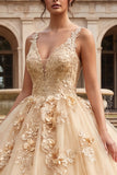 Robe de bal champagne à col V appliqué avec une robe de quinceañera