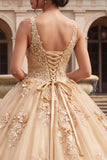 Robe de bal champagne à col V appliqué avec une robe de quinceañera