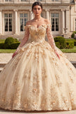 Robe de bal Quinceañera corset champagne à épaules dénudées avec fleurs 3D