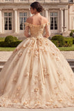 Robe de bal Quinceañera corset champagne à épaules dénudées avec fleurs 3D