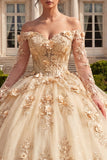 Robe de bal Quinceañera corset champagne à épaules dénudées avec fleurs 3D
