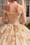 Robe de bal Quinceañera corset champagne à épaules dénudées avec fleurs 3D