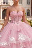 Robe de bal Corset sans bustiers, robe fleurie rose de quinceañera