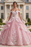 robe de bal rose à volants appliqués sur les épaules décollées