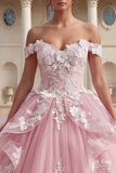 robe de bal rose à volants appliqués sur les épaules décollées