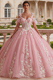 Robe de bal rose appliquée à épaules froides Quinceañera
