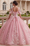 Robe de bal rose appliquée à épaules froides Quinceañera