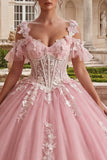 Robe de bal rose appliquée à épaules froides Quinceañera