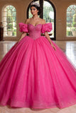 Robe de bal Quinceañera à corset fuchsia épaule dénudée et scintillante