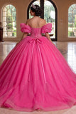 Robe de bal Quinceañera à corset fuchsia épaule dénudée et scintillante