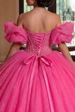 Robe de bal Quinceañera à corset fuchsia épaule dénudée et scintillante