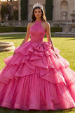 Robe-bal à volants en robe de bal fuchsia avec nœud et nœud