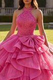 Robe-bal à volants en robe de bal fuchsia avec nœud et nœud