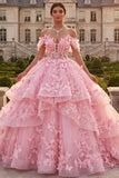 Robe de bal rose à volants dénudés et appliqueuse robe de quinceañera