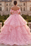 Robe de bal rose à volants dénudés et appliqueuse robe de quinceañera