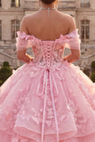 Robe de bal rose à volants dénudés et appliqueuse robe de quinceañera