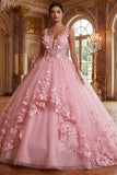Robe de bal rose à col en V avec appliques, robe quinceañera