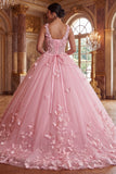 Robe de bal rose à col en V avec appliques, robe quinceañera