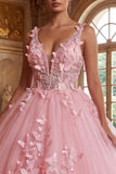 Robe de bal rose à col en V avec appliques, robe quinceañera