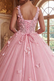 Robe de bal rose à col en V avec appliques, robe quinceañera