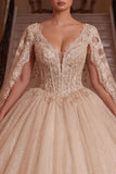 Robe de bal corset à col en V champagne avec manches cape