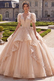 Robe de bal Quinceañera à col en V à col en V champagne et manches courtes