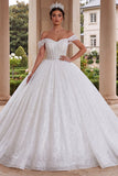 Robe-bal blanche corset épaule dénudée et scintillante