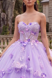 Robe-bal corset sans bretelles lilas Quinceañera avec fleurs 3D