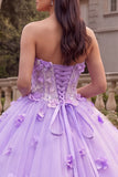 Robe-bal corset sans bretelles lilas Quinceañera avec fleurs 3D
