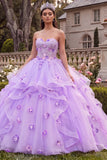 Robe de bal sans bretelles lilas à volants Quinceañera avec des fleurs 3D