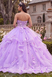Robe de bal sans bretelles lilas à volants Quinceañera avec des fleurs 3D