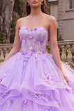 Robe de bal sans bretelles lilas à volants Quinceañera avec des fleurs 3D