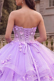 Robe de bal sans bretelles lilas à volants Quinceañera avec des fleurs 3D