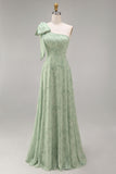 Robe de demoiselle d’honneur longue à fleurs à une épaule en ligne A avec un nœud
