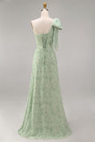 Robe de demoiselle d’honneur longue à fleurs à une épaule en ligne A avec un nœud