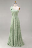 Robe de demoiselle d’honneur longue à fleurs à une épaule en ligne A avec un nœud