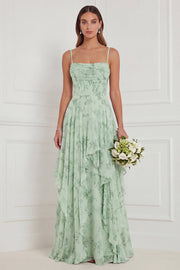 Robe de demoiselle d'honneur longue vert sauge poussiéreux bustier floral à volants