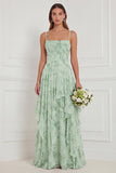 Robe de demoiselle d'honneur longue vert sauge poussiéreux bustier floral à volants