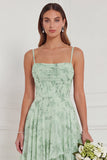 Robe de demoiselle d'honneur longue vert sauge poussiéreux bustier floral à volants
