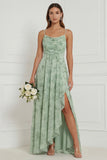 Robe de demoiselle d’honneur sauge poussiéreuse en ligne A à fleurs, fendue