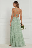 Robe de demoiselle d’honneur sauge poussiéreuse en ligne A à fleurs, fendue