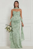 Robe de demoiselle d’honneur sauge poussiéreuse florale sans bustiers avec écharpe