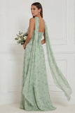 Robe de demoiselle d’honneur sauge poussiéreuse florale sans bustiers avec écharpe