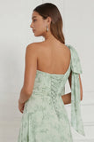 Robe de demoiselle d’honneur en ligne fleurie Sage poussiéreuse avec une épaule et une épaule
