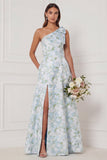 Robe de demoiselle d’honneur en fleur blanche bleue à une épaule A avec fente