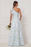 Robe de demoiselle d’honneur en fleur blanche bleue à une épaule A avec fente