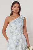 Robe de demoiselle d’honneur en fleur blanche bleue à une épaule A avec fente