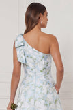 Robe de demoiselle d’honneur en fleur blanche bleue à une épaule A avec fente