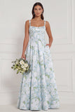 Robe de demoiselle d’honneur à motif floral bleu-blanc imprimée à une ligne à col carré