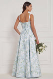 Robe de demoiselle d’honneur à motif floral bleu-blanc imprimée à une ligne à col carré